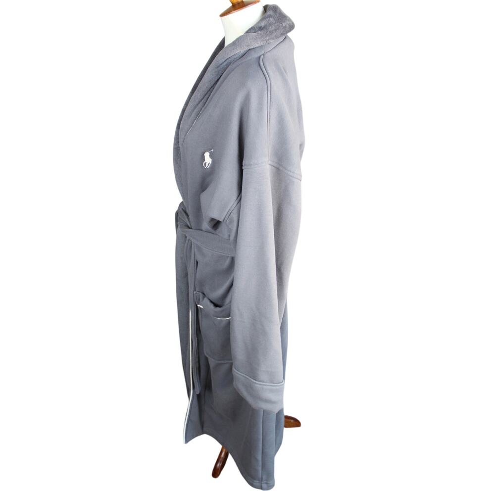 Polo Ralph Lauren Robe Mens One Size Gray Spa Luxury Loungewear Belted Pony - Picture 3 of 7